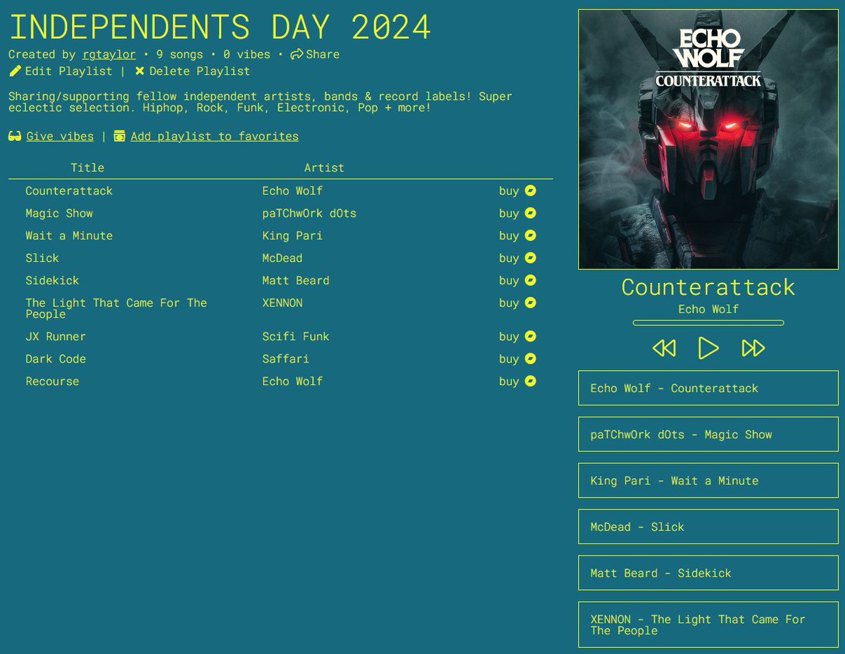 NEW for 2024!
ID2024 Bandcamp Playlist via BNDCMPR!

Ft ace new tunes by <a href="/stonesthrow/">Stones Throw</a> <a href="/echo_wolf_music/">Echo Wolf</a> <a href="/kevmcdead/">Kev McDead</a> <a href="/ScifiFunk/">SciFiFunk</a> @paTChwOrkdOts <a href="/Saffarimusica/">𝗦𝗔𝗙𝗙𝗔𝗥𝗜</a> &amp; <a href="/XENNONofficial/">XENNON</a>
✌️ all! RG 🎧🎶

tinyurl.com/id2024bndcmpr

More artists, bands &amp; labels added soon!

#bandcamp #music #peace