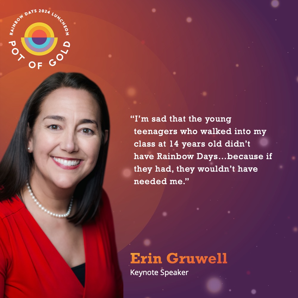 Our #PotofGold Luncheon keynote speaker, Erin Gruwell of @freedomwriters, reminds us of the importance of organizations like Rainbow Days, which provide social-emotional learning to at-risk and homeless youth while also helping them meet their basic needs. #HelpKidsRise