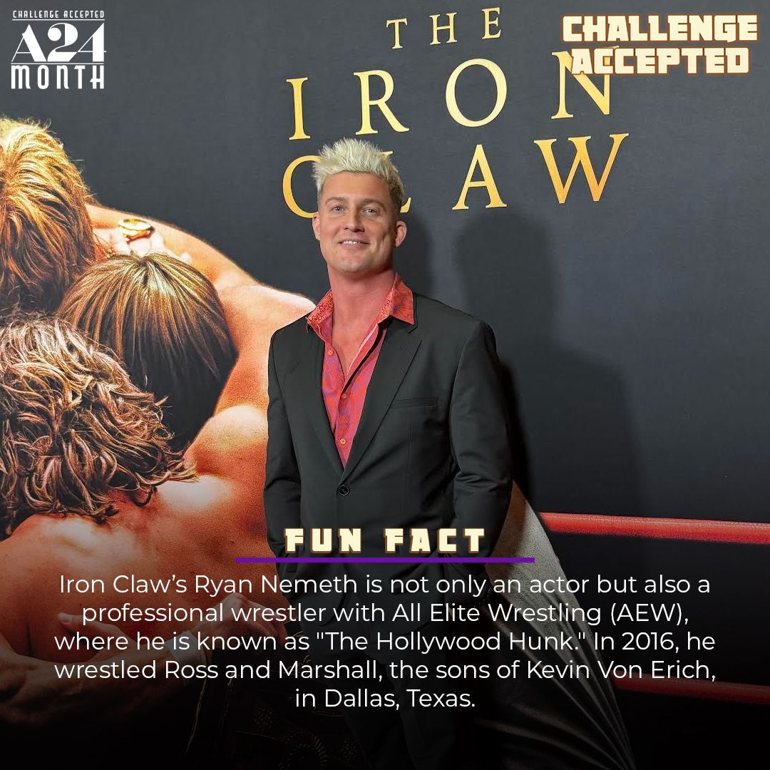 Ryan Nemeth, also known as "The Hollywood Hunk" in All Elite Wrestling (AEW), is a professional wrestler. In addition to acting, he wrestled Kevin Von Erich's sons, Ross and Marshall, in Dallas, Texas, in 2016. #A24 #TheIronClaw