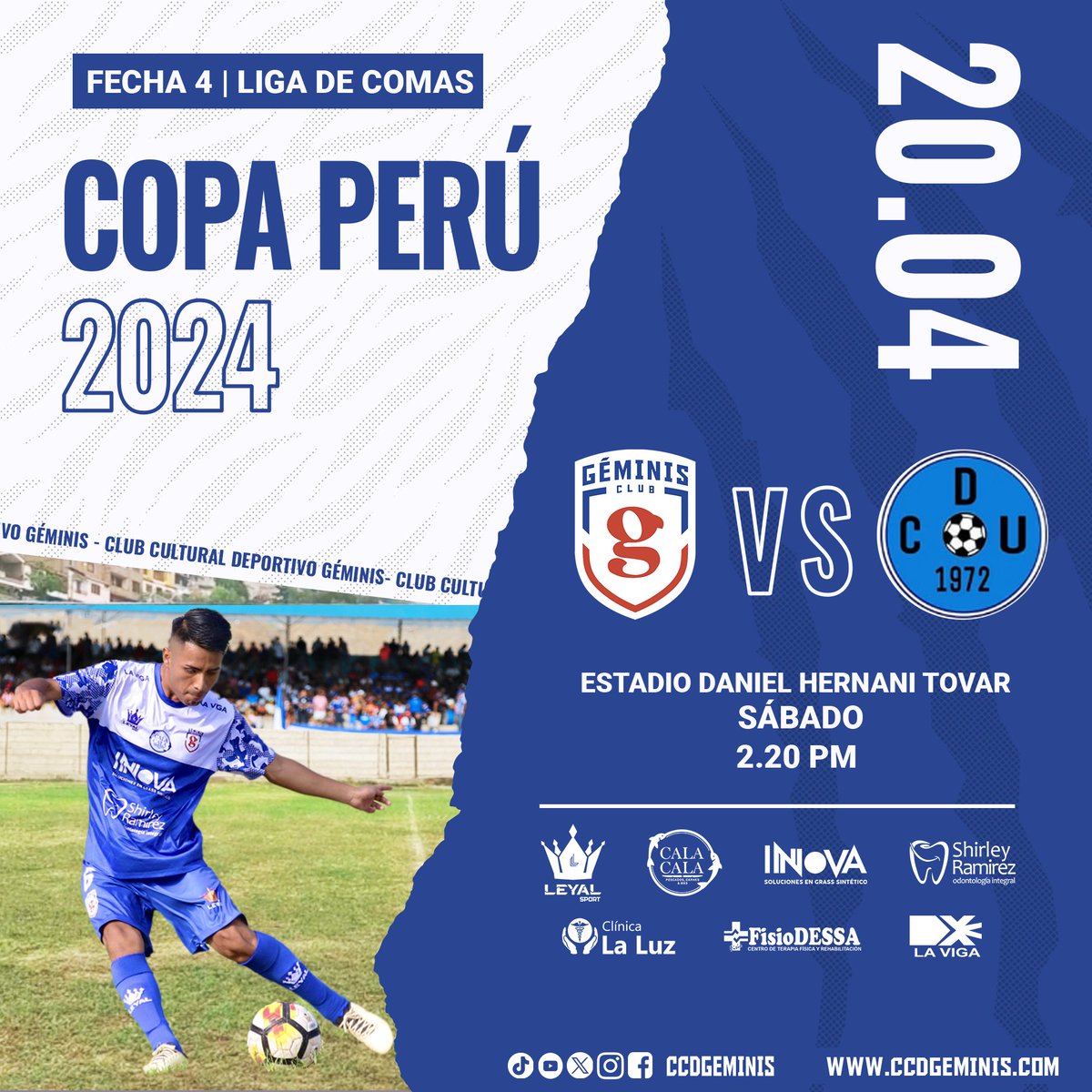 CCDGeminis's tweet photo. 𝗬 𝗝𝘂𝗴𝗮𝗺𝗼𝘀 𝗲𝘀𝘁𝗲 𝗦𝗮́𝗯𝗮𝗱𝗼!
🏆 Liga Distrital de Comas
📅Fecha 4 | 2:00 PM
🆚Defensor Unión
🏟️Estadio 'La Balanza' de Comas

#copaperú2024 #futbolperuano #limanorte #futbolperuano #geminisdecomas #deportivogéminis #limanorte #futbolprofesional https://t.co/PPnElZUzxn