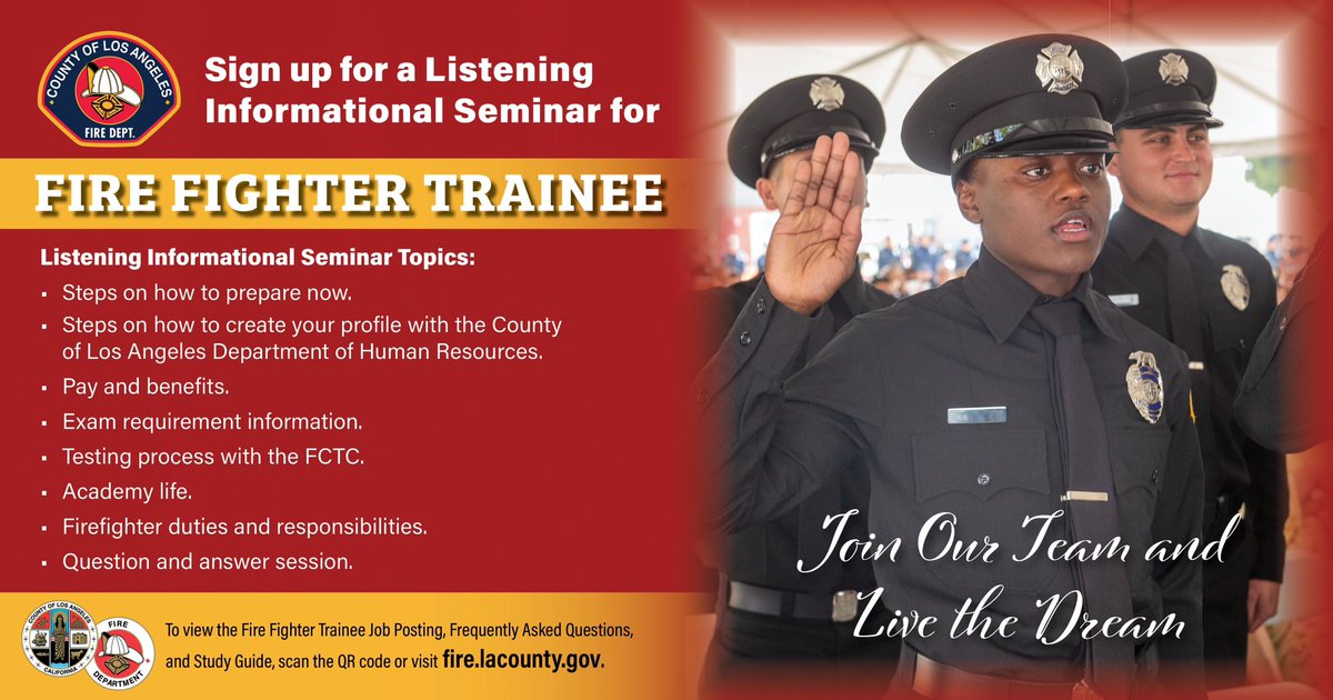 Sign-up today for an UPCOMING LISTENING INFORMATIONAL SEMINAR for the #LACoFD Fire Fighter Trainee Job Posting. To register, please visit: 🔗 fire.lacounty.gov/firefighter-tr… #LACountyFire #LACountyFD #LACounty #LACountyFirefighters #Firefighter #Firefighters #FireService