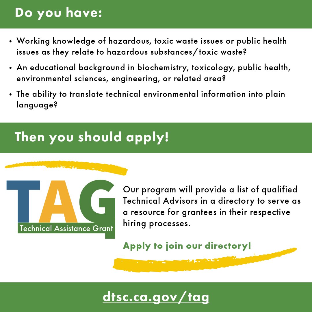 CaliforniaDTSC's tweet photo. #DTSC's #TAG grants provide disadvantaged communities w/ funding to hire & direct independent Technical Advisors.
Are you a knowledgeable environmental enthusiast up for the job?
Apply here:
https://t.co/KztzpRXxBm
#EnvironmentalScientist #EnvironmentalEngineer #ecotoxicology https://t.co/CFyeOHNIPs