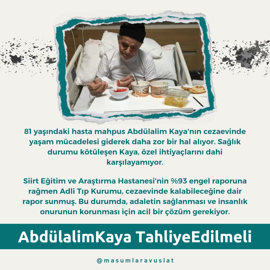 AbdülalimKaya TahliyeEdilmeli
Tüm hasta tutuklulara tahliye,acilen tahliye.
@yilmaztunc 
@ADLITIPKURUMU