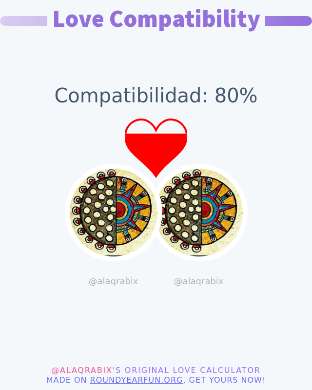 alaqrabix's tweet photo. Mi Compatibilidad Amorosa con @alaqrabix es del 80%

➡️ https://t.co/y5l1PkEs4P https://t.co/qFzu54xwvh