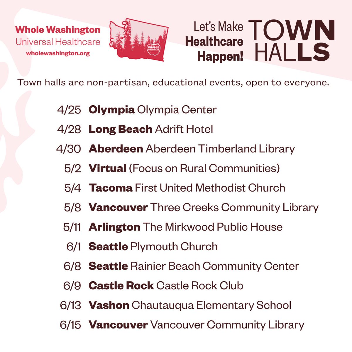 Just like #UniversalHealthcare  rock stars, we're heading out on the road. SO EXCITED! We'll talk about this rotten system we currently have, and how we can make real transformation.

If you don't see a Town Hall near you, let's plan an event in YOUR community. (psst Eastern WA)