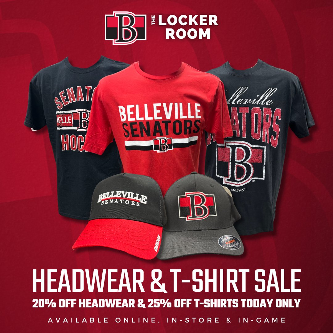 Gear up for tonight's game with some #BellevilleSens swag! Take advantage of our 'Sale of the Game' with 20% off headwear and 25% off t-shirts today only! ➡️ shop.bellevillesens.com ➡️ Visit our Official Team Store ➡️ Or stop by our merch stand in-game
