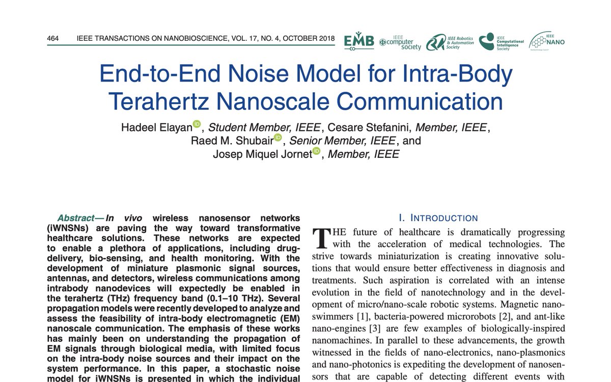 CorinneNokel's tweet photo. End-to-End Noise Model for Intra-Body Terahertz Nanoscale Communication

Josep Miquel Jornet

'In vivo wireless nanosensor networks (iWNSNs) are paving the way toward transformative healthcare solutions.'

#IntraBodyNanoSensorNetworks

#NanoBioSensors

https://t.co/3eHyqHy4Dr https://t.co/4frCgyN5ZC