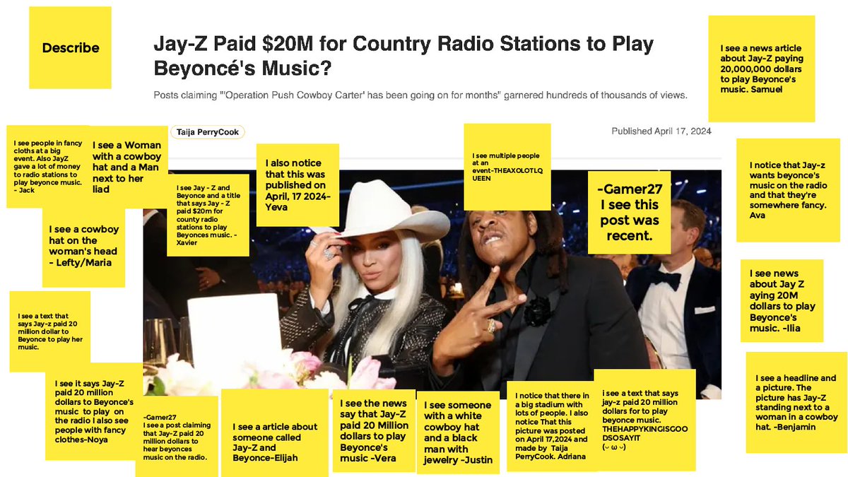 iamnoadaniel's tweet photo. Today's #FridayPhoto was a discussion about how to spot fake news using a recent rumour about pay for play debunked by @snopes. Some great thinking was captured by my 5/6 class. #criticalthinking #medialiteracy #criticaldigitalliteracy. #beyonce #jayz #cowboycarter #literacy #edu https://t.co/oQRaFtx0W4