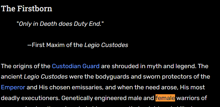 Grummz's tweet photo. BREAKING: Warhammer Fandom for 40k wiki ERASES lore, edits Costodes wiki to say there were always female Custodes.

This type of political gaslighting is absolutely disgusting.

It's not enough to change the lore, they have to lie about the past.