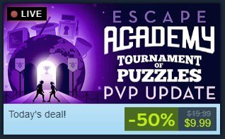 WOAH! 

Just in time for its major PvP update, Escape Academy from <a href="/CoinCrewGames/">Coin Crew Games</a> is 50% OFF ON STEAM THIS WEEKEND! 

Grab a friend and start puzzlin': bit.ly/EscapeAcademy