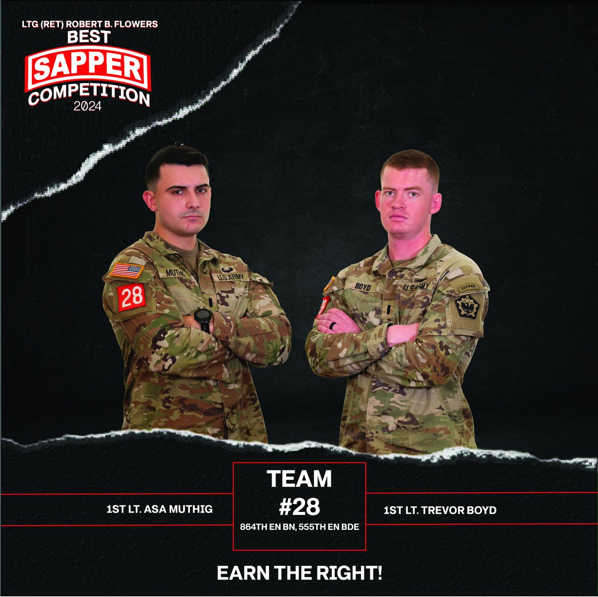 It is my greatest honor to see these 3 Gentlemen compete in this years Best Sapper Comp. today @fortleonardwood . Best of luck to your teams and God Speed! Essayons!  1st LT Shaefer, 1st LT Boyd, 1st LT Kost