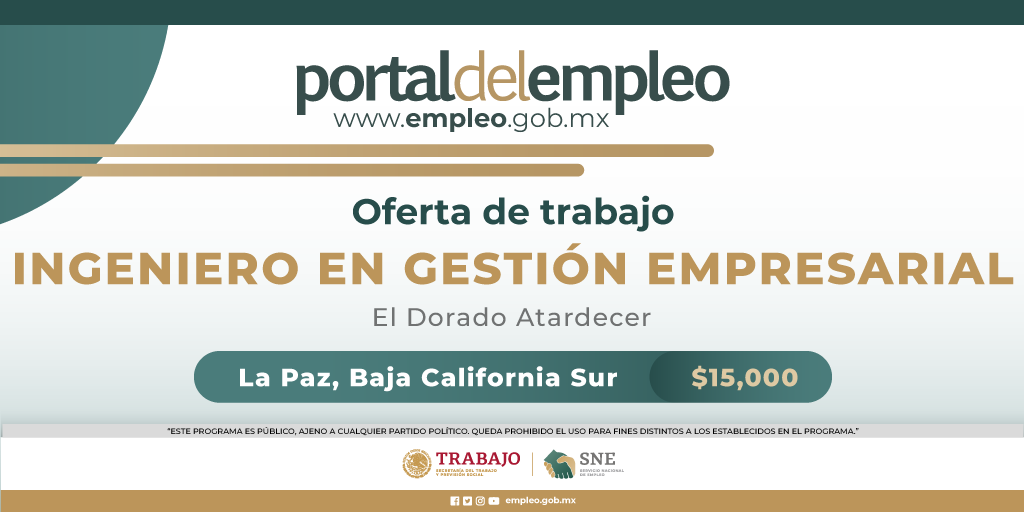 📢 #BolsaDeTrabajo 

👤 Ingeniero en gestión empresarial en El Dorado Atardecer.
📍Para trabajar en #BajaCaliforniaSur.
💰15,000.00.

Detalles y postulación en: 🔗 goo.su/3gDTx
📨 administracion@doradoatardecer.com

#Trabajo #Empleo #SNE #PortalDelEmpleo