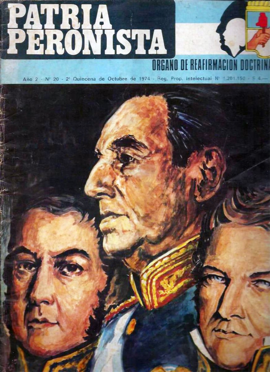 Argentinian illustration published on the cover of Patria Peronista magazine (October 1974) showing Juan Perón with José de San Martín and Juan Manuel de Rosas.
