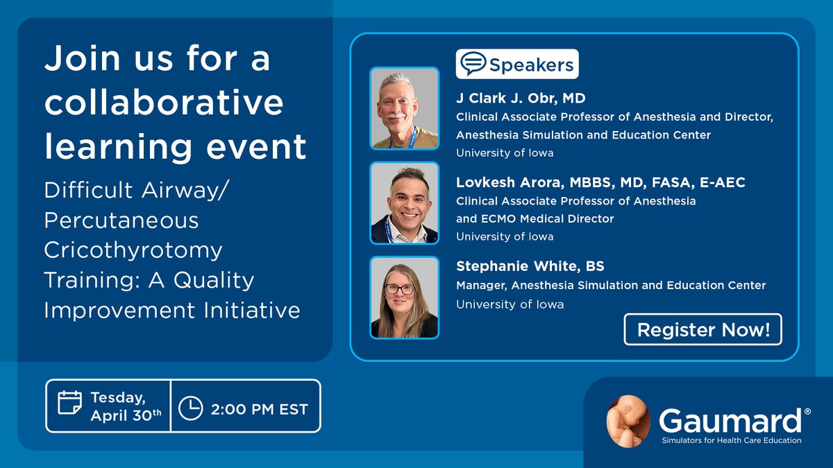 Join our collaborative #webinar on April 30 at 2:00 pm EDT. Gain insights on essential cricothyrotomy methods for critical scenarios like CICV with demonstrations led by experts from the University of Iowa Department of Anesthesia. Engage in a live Q&A. gaumard.zoom.us/webinar/regist…