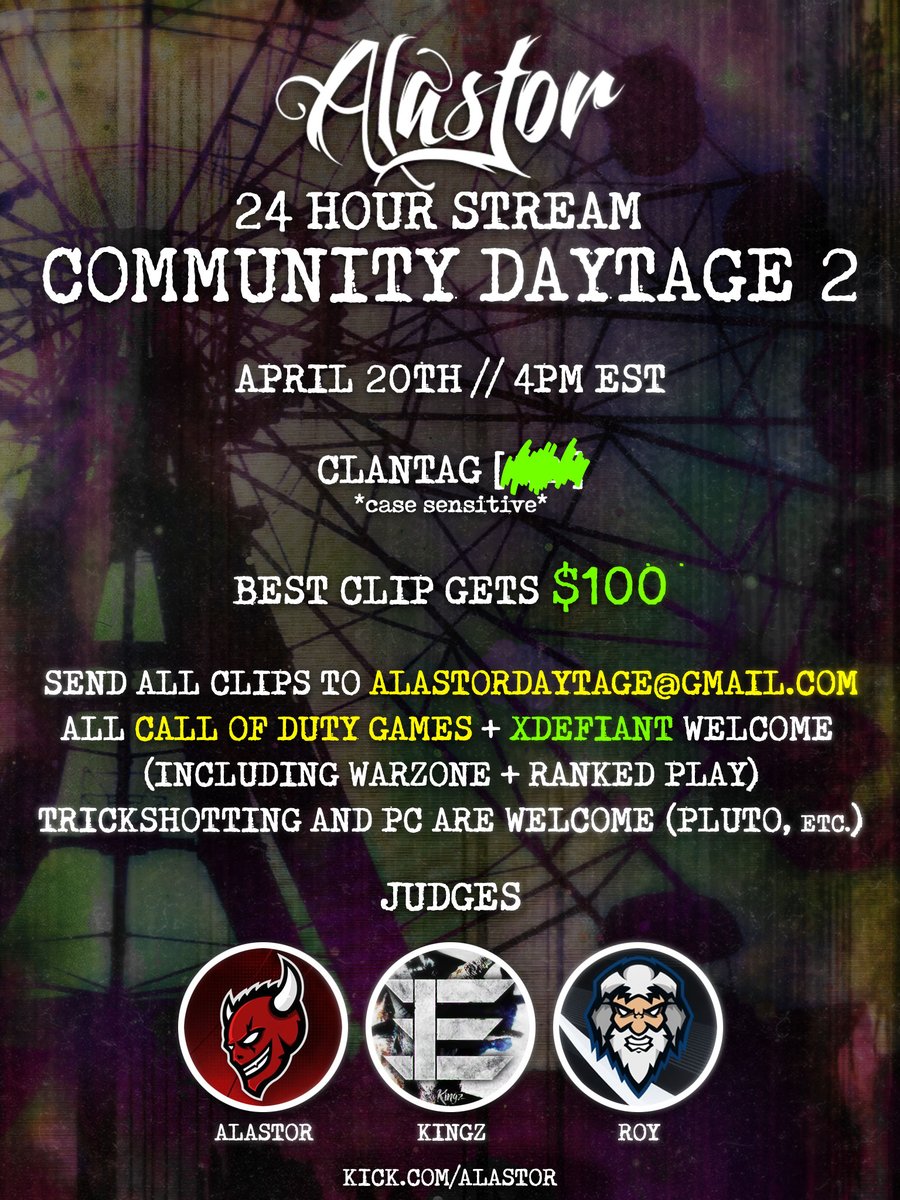 24 HOUR STREAM // COMMUNITY DAYTAGE Clantag will be revealed on stream tomorrow! There will be a $100 prize for the best clip hit, and I'm going to be playing a variety of CoDs to populate lobbies. Will be a lot of fun, see you guys tomorrow on Kick 💚