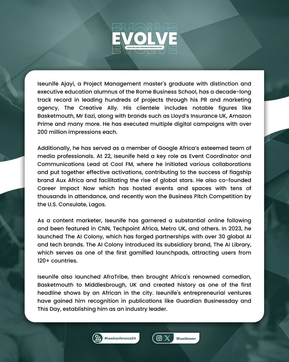 Meet Iseunife Ajayi, the visionary behind The Creative Ally, whose mastery in project management has shaped campaigns for global icons like Basketmouth and Mr Eazi. Join us as he shares his insights at Lead’24!