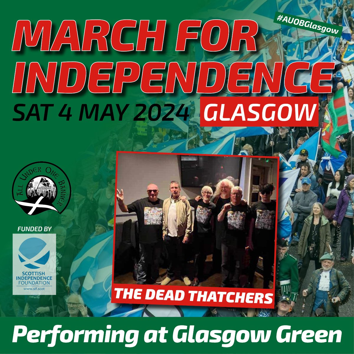 We are excited to announce that The Dead Thatchers will perform on Saturday 4 May. The band are an experimental DIY working-class alternative punk collective, playing around Scotland & Ireland raising money for food banks through music, poetry & art- and stirring it! #AUOBGlasgow