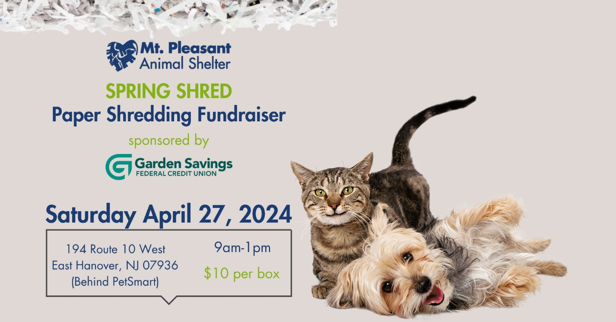 Join us for a Spring Shred Fundraiser to benefit Mt Pleasant Animal Shelter. Securely shred your documents for a $10 per box donation. All proceeds fund supplies for animals in need. Let's make a difference in our community together! 
#GardenSavingsFCU #BetterBanking