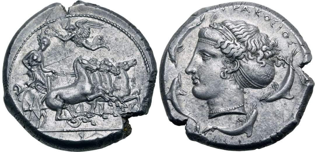 A silver tetradrachm from Sicily, Syracuse, struck at the time of the Second democracy, 415-405 BC.

Described by Cicero as ‘the greatest Greek city and the most beautiful of them all’, Syracuse became the major power in Sicily during the late 5th Century BC. Its political and