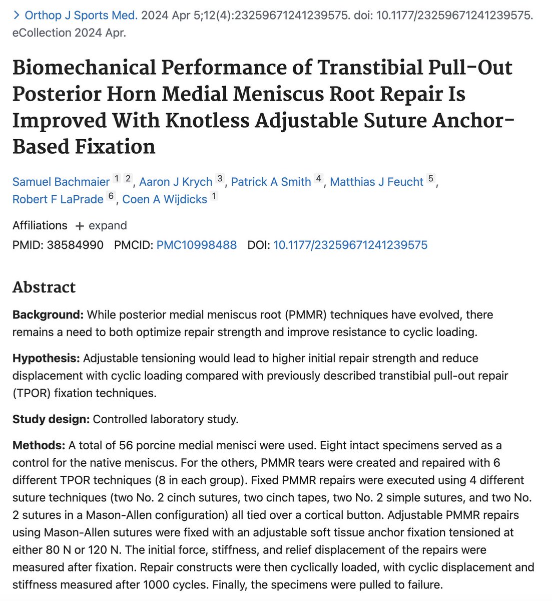 In a new Orthopaedic Journal of Sports Medicine study on posterior medial meniscus root repair, the #Arthrex SutureLoc™ implant achieved higher initial fixation strength and less cyclic displacement compared to the conventional fixed techniques. Read the full study demonstrating