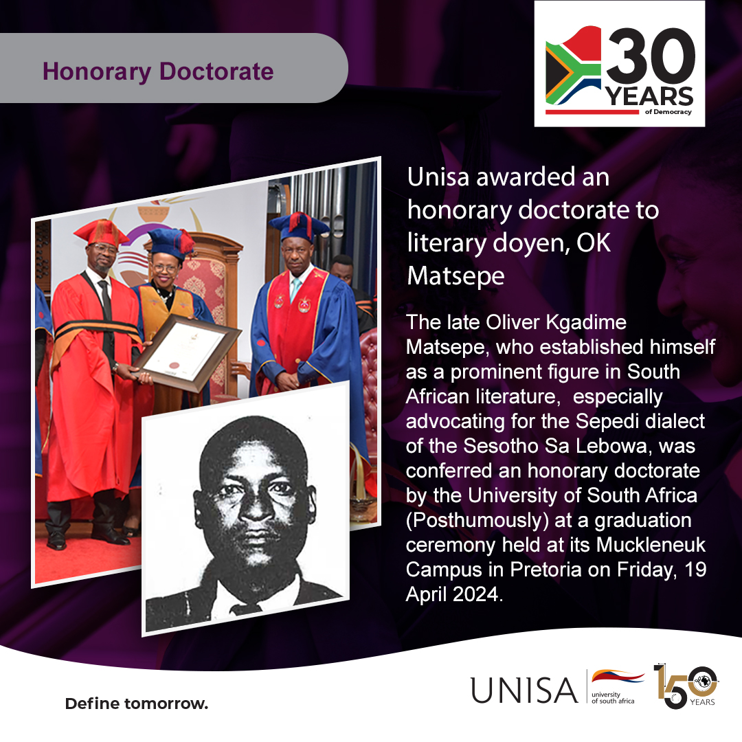 Unisa awarded an honorary doctorate to literary doyen, OK Matsepe. ow.ly/EAma50Rk99I
#Unisa150
#CircleofExcellence
#2024UnisaAutumnGraduations