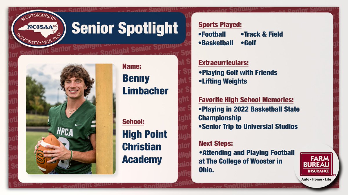 Benny Limbacher is our first Senior we are spotlighting this spring thanks to our partner NC Farm Bureau. Benny, the NCISAA appreciates your hard work and wishes you the best of luck at The College of Wooster! Submit your Senior Spotlight nominations here bit.ly/49nu9QG!