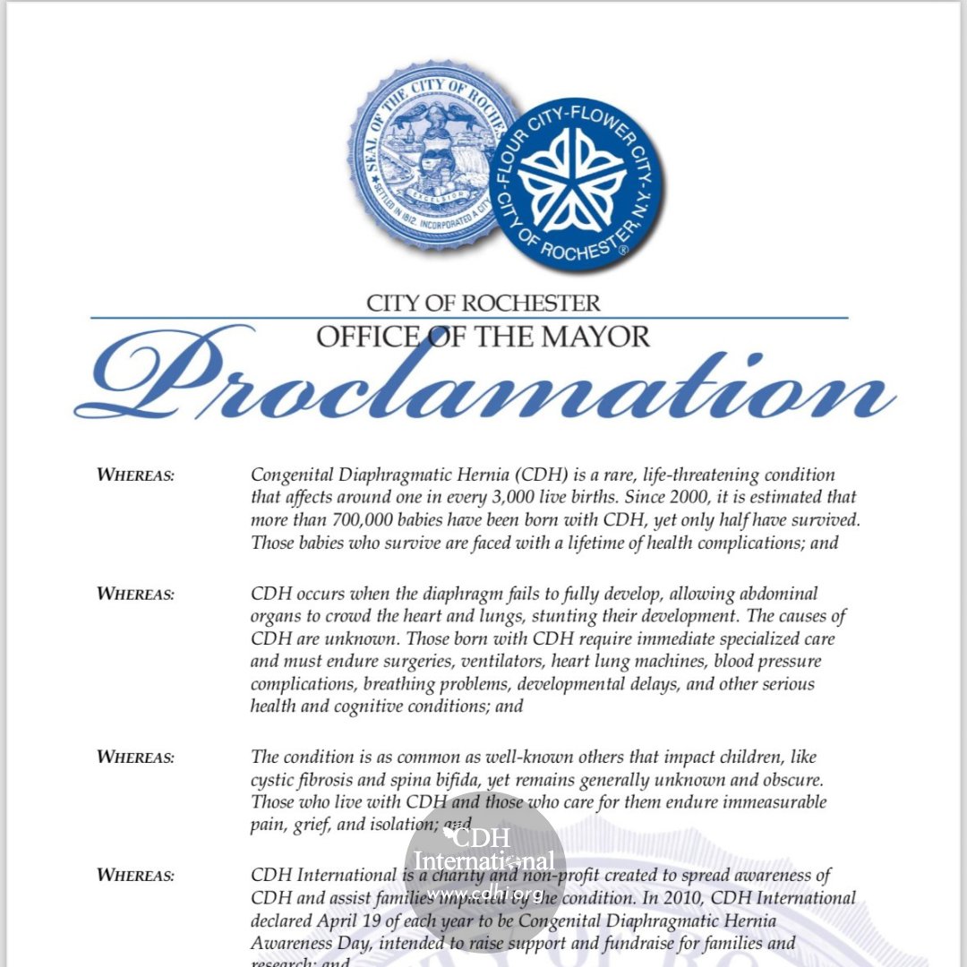 Rochester, New York Proclamation

cdhi.org/rochester-new-…

#CDH #CDHAwareness #NotJustAHole #CongenitalDiaphragmaticHernia #CDHAwarenessMonth #April19 #CDHCharity #PediatricSurgery #GlobalSurgery #RareDisease #PatientAdvocacy #Donate