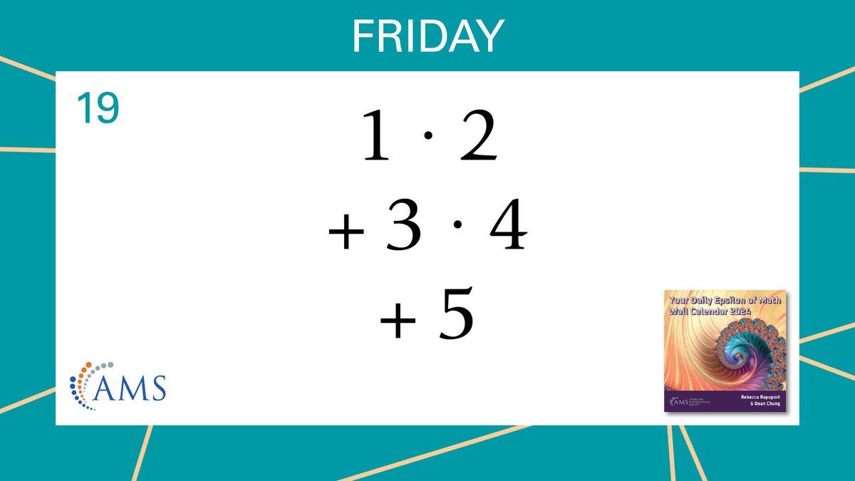 April is Math and Stats Awareness Month! Join us in celebrating by solving our @Daily_Epsilon Problem of the Week. Use code APRILMATH35 all month for 35% off Your Daily Epsilon of Math Wall Calendar 2024 in the AMS Bookstore: ow.ly/fSx850Rh2is #MathStatsMonth