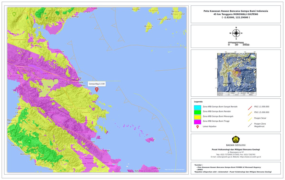 Berikut disampaikan Analisis Geologi #GempaBumi (('45 km Tenggara MOROWALI-SULTENG',)) pada overlay Peta KRB Gempa Bumi #PVMBG #BadanGeologi, sumber: BMKG Dibuat Secara Otomatis