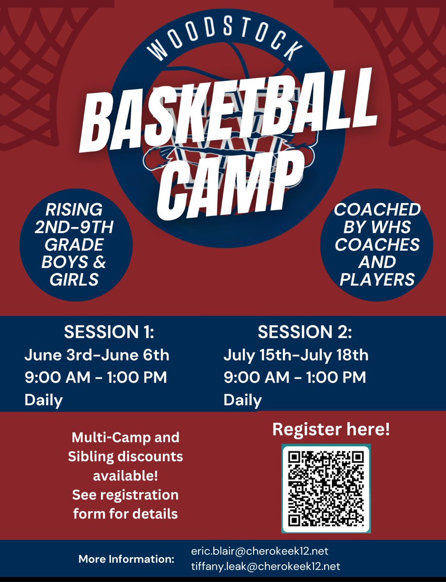 WWjrBball's tweet photo. It's that time of year again Woodstock Boys and Girls Basketball program hosting Basketball Camp for boys and girls. Scan or click the QR code for more details.

*T-shirt included
*Great Coaching Staff
*Excellent Gym Facilities https://t.co/m1IyJU3pQA