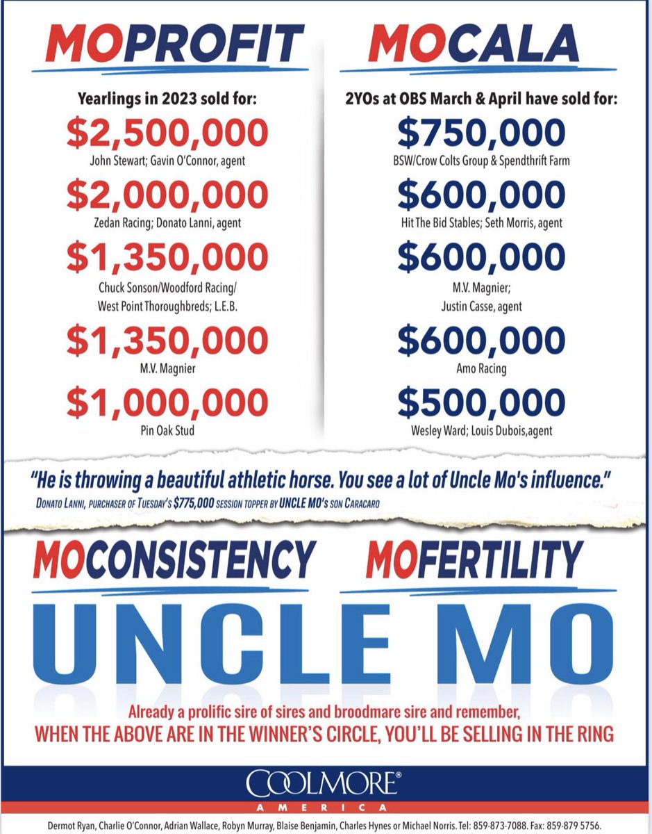 theTDN's tweet photo. #MoProfit 👉 #MoCala

Progeny of UNCLE MO lit up the sales ring as yearlings in 2023 and now as 2YOs, they continue to be standouts at #OBSMarch and #OBSApril.

📍 @coolmoreamerica https://t.co/NzBorxk0QT