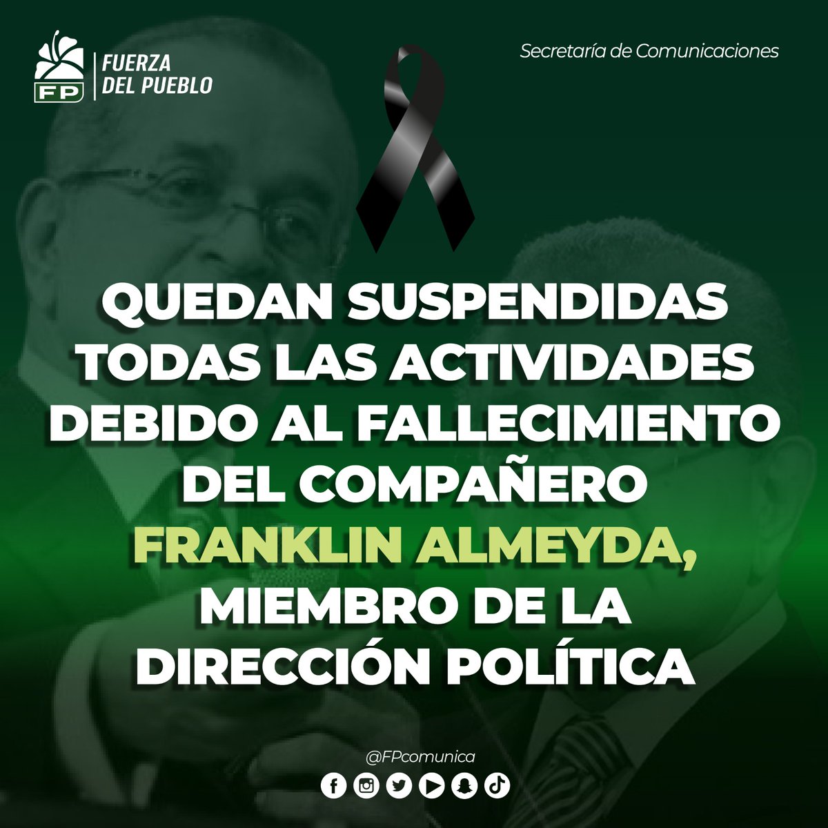Lamentamos profundamente la partida de nuestro emblemático compañero <a href="/franklinalm/">Franklin Almeyda</a>  un icono de la vida político partidaria de la RD . En Paz descanse su alma , que brille para él la luz eterna ante el señor.  Fortaleza a sus familiares!
<a href="/fpcomunica/">@Fuerza del Pueblo (FP)</a> <a href="/LeonelFernandez/">Leonel Fernández</a> <a href="/SESVIALFP/">SECRETARIA DE SEGURIDAD VIAL</a>