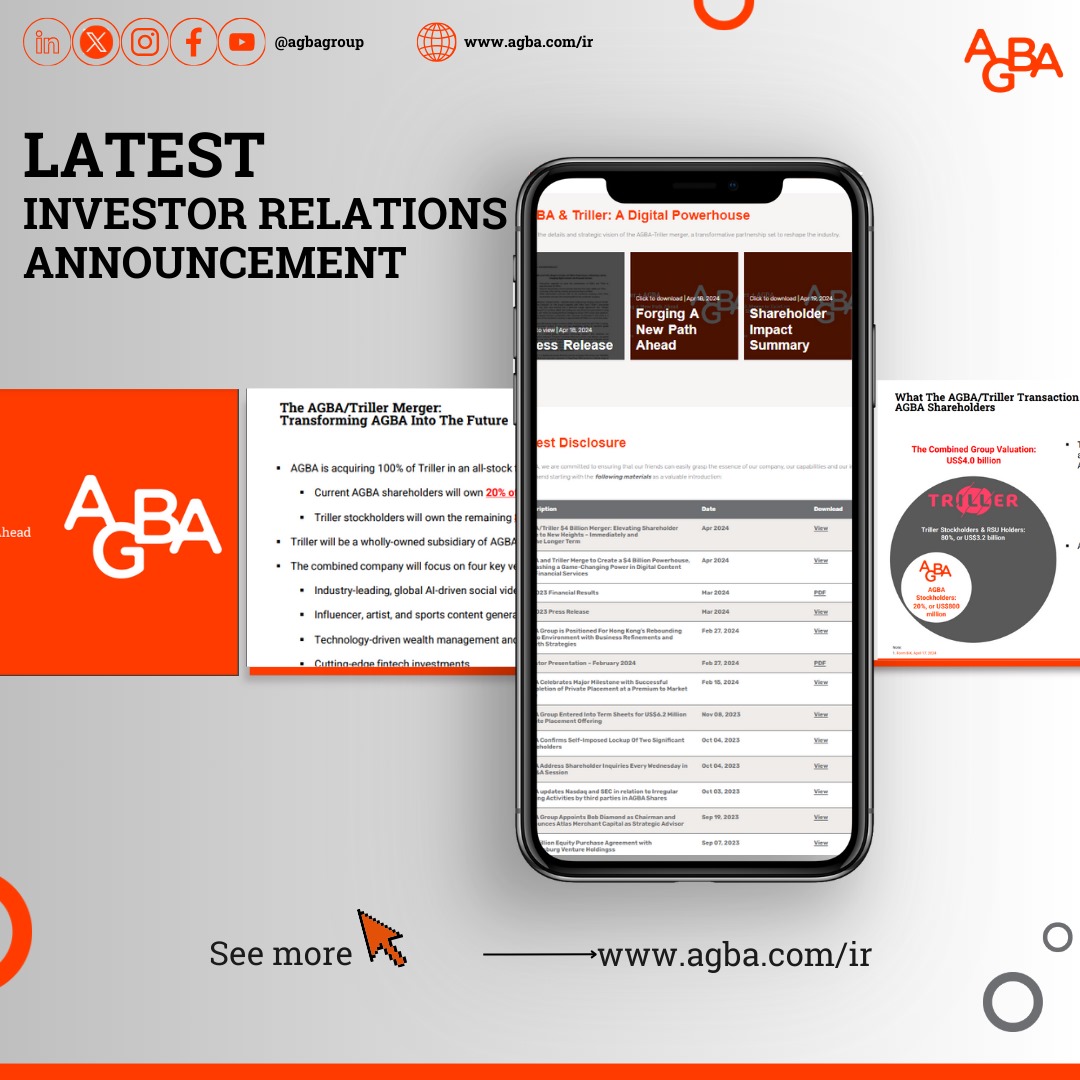 For more information about the recent merger between AGBA and <a href="/triller/">TRILLER</a>, please visit our investor relations page at agba.com/ir

#Nasdaq: $AGBA