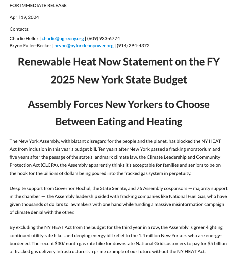 RenewablHeatNow's tweet photo. The Assembly chose fossil fuel bottom lines over the needs of their constituents &amp; blocked #NYHEAT, arguably the most transformative energy affordability &amp; climate bill since the CLCPA, from this year's budget.

We're furious &amp; heartbroken.

Our response: https://t.co/ddmb8TPbNN https://t.co/zrjGeIBIHu