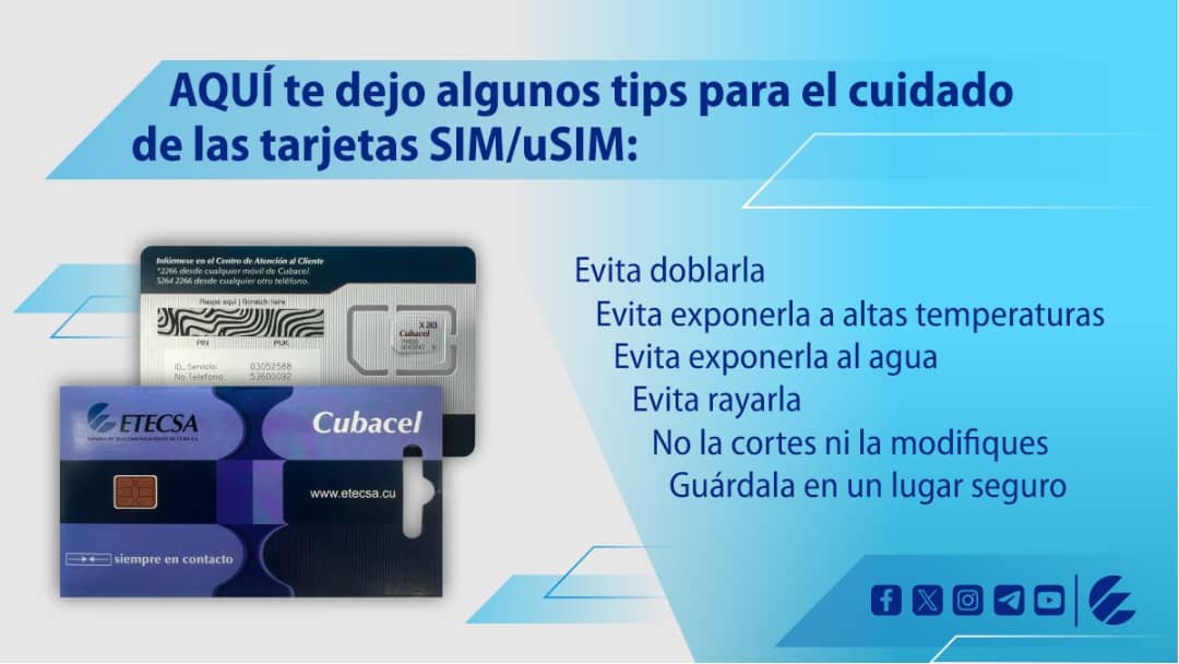¿Te has preguntado qué pasa si pierdes tu SIM/uSIM? 😬
Perderás tus contactos 👥️️, mensajes 💬 y estarás incomunicado 📵.
Hoy te presentamos 👩🏻‍🏫 algunos tips para que cuides tu tarjeta SIM.
etecsa.cu/es/consejos/us…