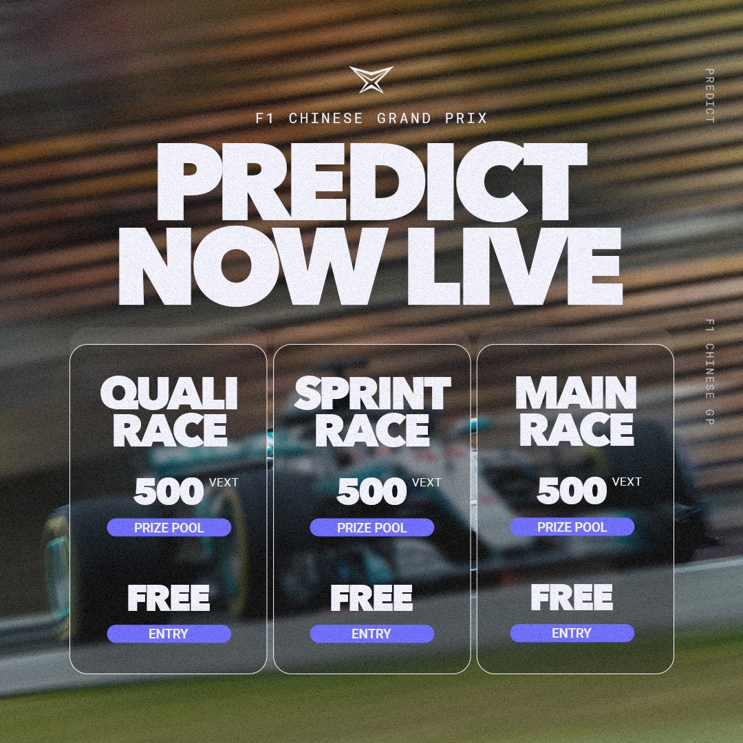 It’s a race weekend! 🏁 For the first time since 2019 F1 returns to Shanghai! Get your predictions in now! 💰 1,500 $VEXT Prize Pool to be won 🎮 FREE to play! 💻 app.vextoken.io/predict #ChineseGP #VEXT