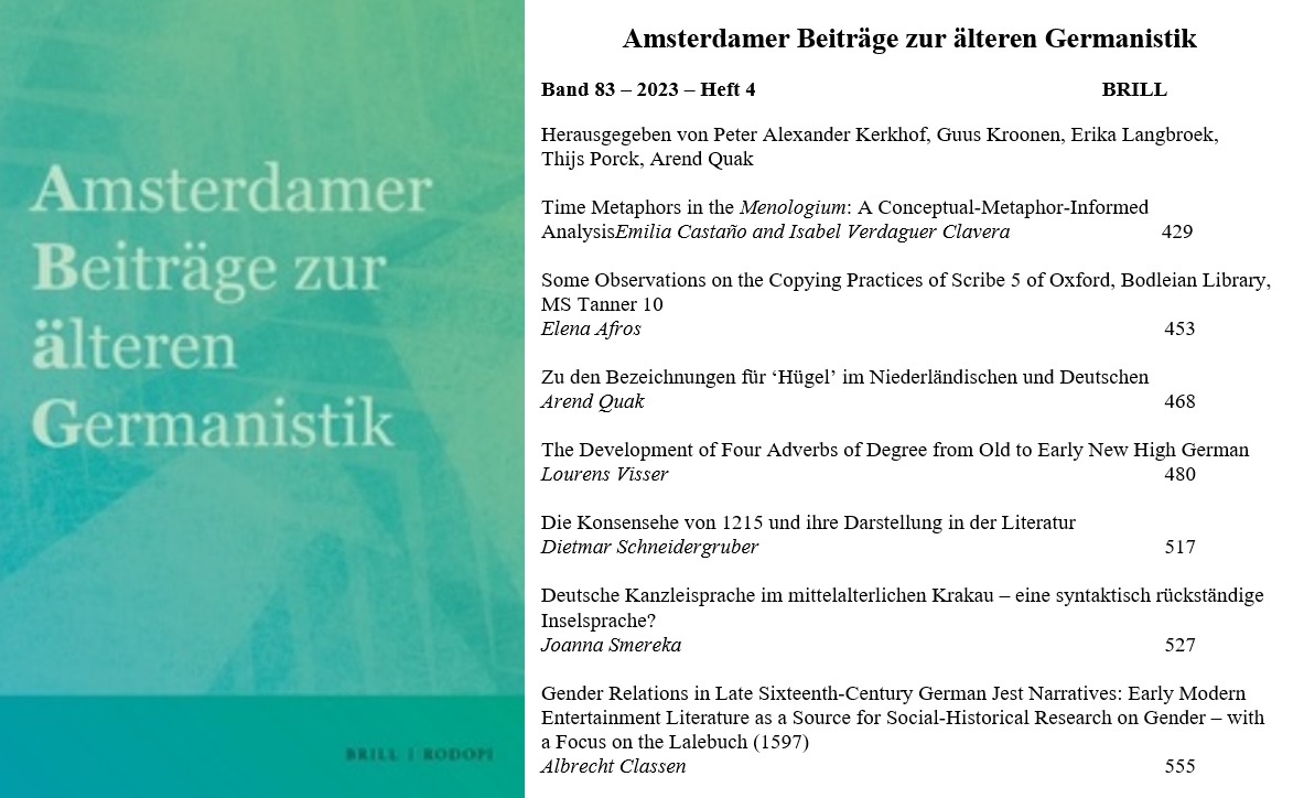 Out now! A new issue with articles on Old English time metaphors, Anglo-Saxon scribal practices, Germanic words for 'hill', Old High German degree adverbs, German in medieval Kraków + marriage and gender relations in medieval and early modern literature! brill.com/view/journals/…