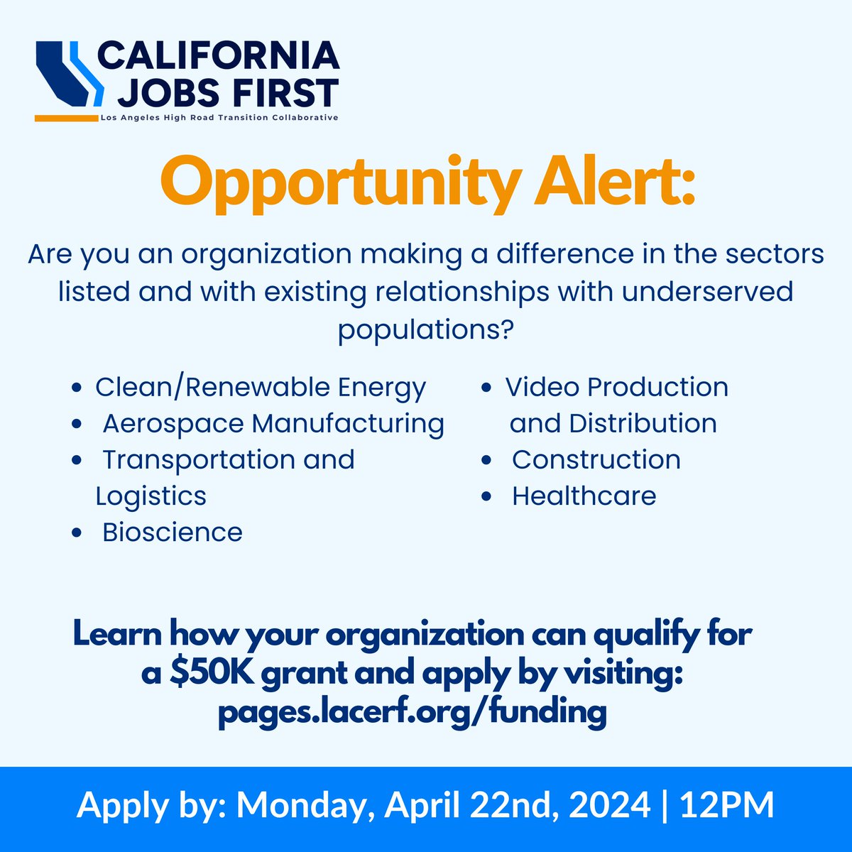 📢 Attention LA community leaders! Here's your chance to secure $50,000 in funding for your organization. Let's work together to drive sustainable growth and prosperity for all 💪🏽 Apply by April 22, 2024: pages.lacerf.org/funding