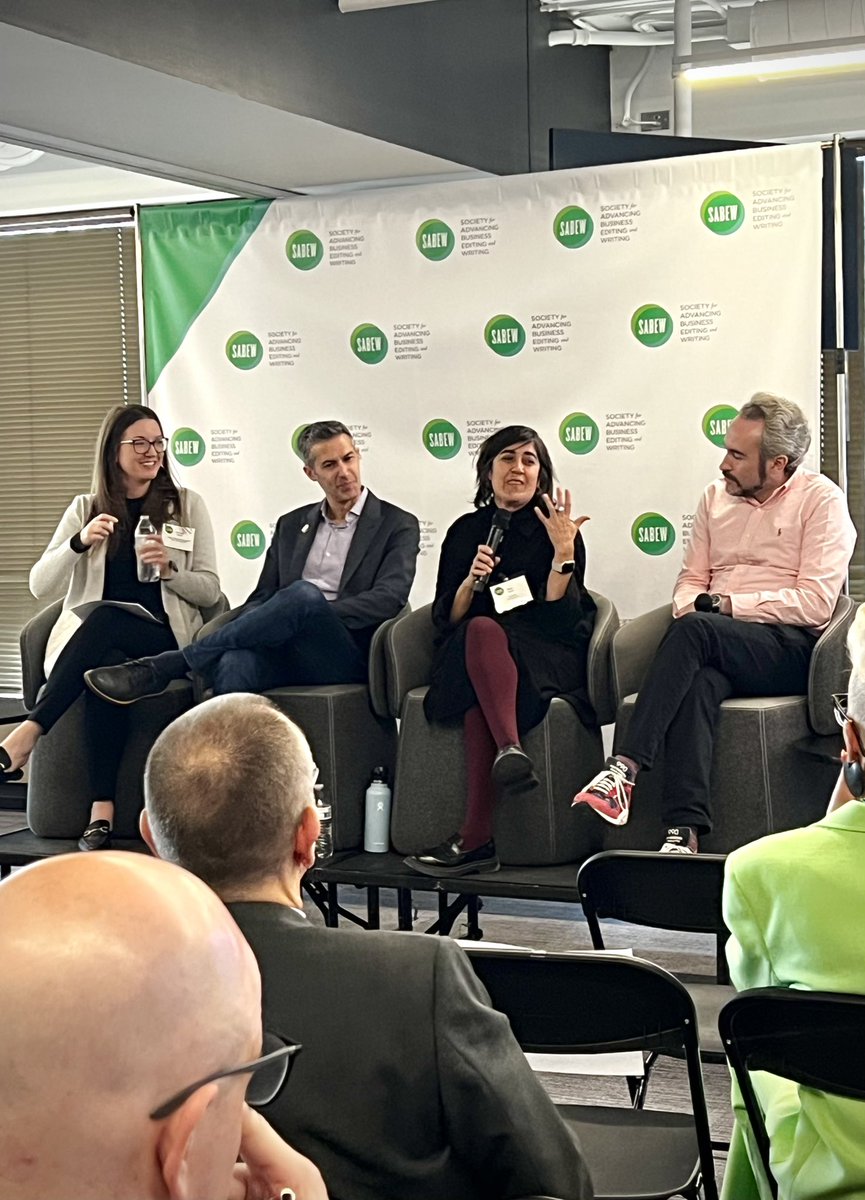 Speaking from the front lines of #AI, @wolfeelizabeth leads a conversation with @jeremygilbert, @zseward, and @magiccia about the ethics, challenges, but also the opportunities with #AItools. Thanks to Royal Media for sponsoring this session. #SABEW24