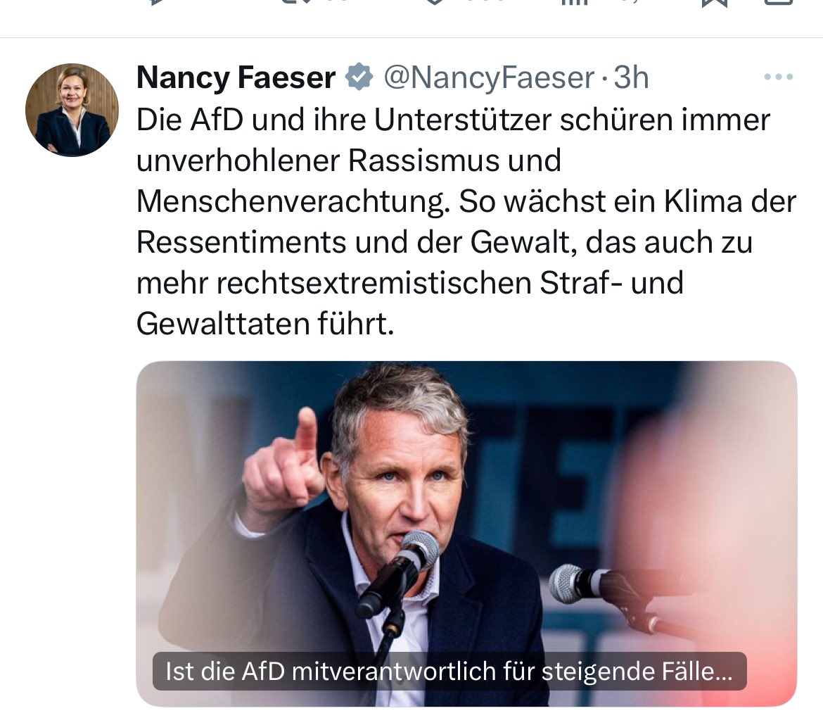 Wau! Pure Verzweiflung. Denn wer ist die Herrin über diese Fake-Zahlen? Nancy F. himself. Die „rechtsextremen“ Straftaten stiegen massiv nach dem 7. Oktober. Israel hassende Muslimnazi? Die Ministerin weiß es genau und behauptet das Gegenteil.