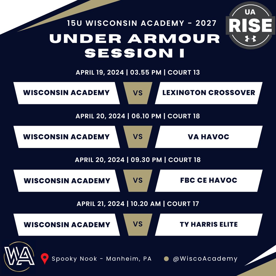 15U Wisconsin Academy - UA Rise is set to tip off at the <a href="/SelectEventsBB/">Select Events Basketball</a> #LiveAtTheNook UA Rise Session I!

📍 - <a href="/NookBasketball/">SpookyNookBasketball</a> • Court 13
⏱️ - 3:55pm
🏀 - WA vs Lexington Crossover

Check out our roster below! ⬇️

#WABFam