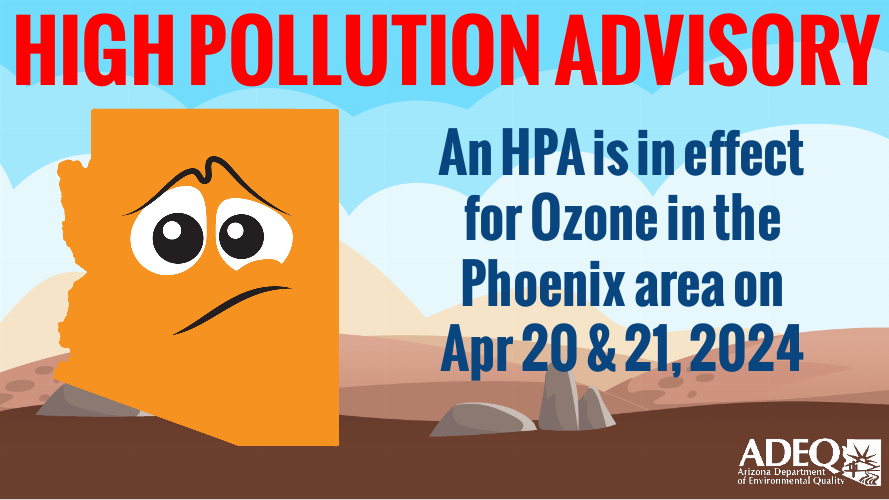 ADEQ is issuing a High Pollution Advisory (HPA) for ozone effective Saturday & Sunday (April 20 & 21, 2024) in Phoenix.

Hourly forecast ➡️ bit.ly/phoenixAQI
Ozone pollution explained ➡️  bit.ly/OzoneExplained

 #AZAirAware #AZWX
