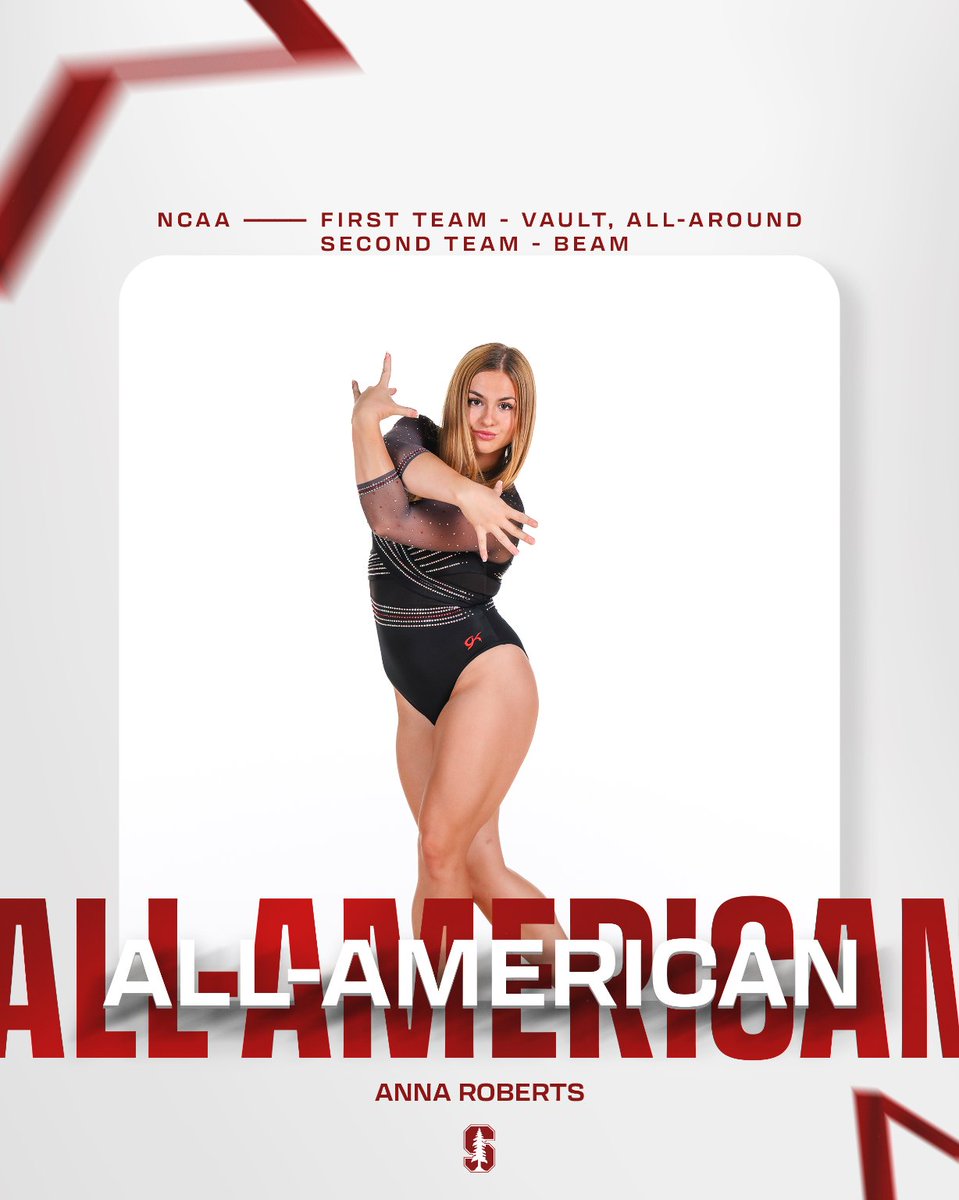 StanfordWGym's tweet photo. Not going to be over Anna Roberts' performance from yesterday for a long time.

✨Outright NCAA Vault Champion- 9.9500, matching career-high
✨Career-best All-Around Performance- 39.6375, finished tied-for-fourth overall, tied-for-second in Semifinals Session I for first-team All-American honors
✨ Matched her career-high on beam- 9.9000 - earned second-team All-American honors

We'd like to reintroduce her as 3x All-American and NCAA Vault Champion from Seattle, Washington, Sophomore Anna Roberts‼️

#OWNIt | #GoStanford