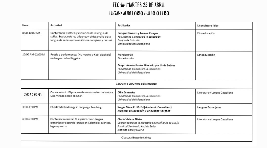 agfre90's tweet image. Tenemos el agrado de compartirles la programación de la I Jornada de Usos, Análisis y Enseñanza de Lenguas. Los esperamos en @Unimagdalena