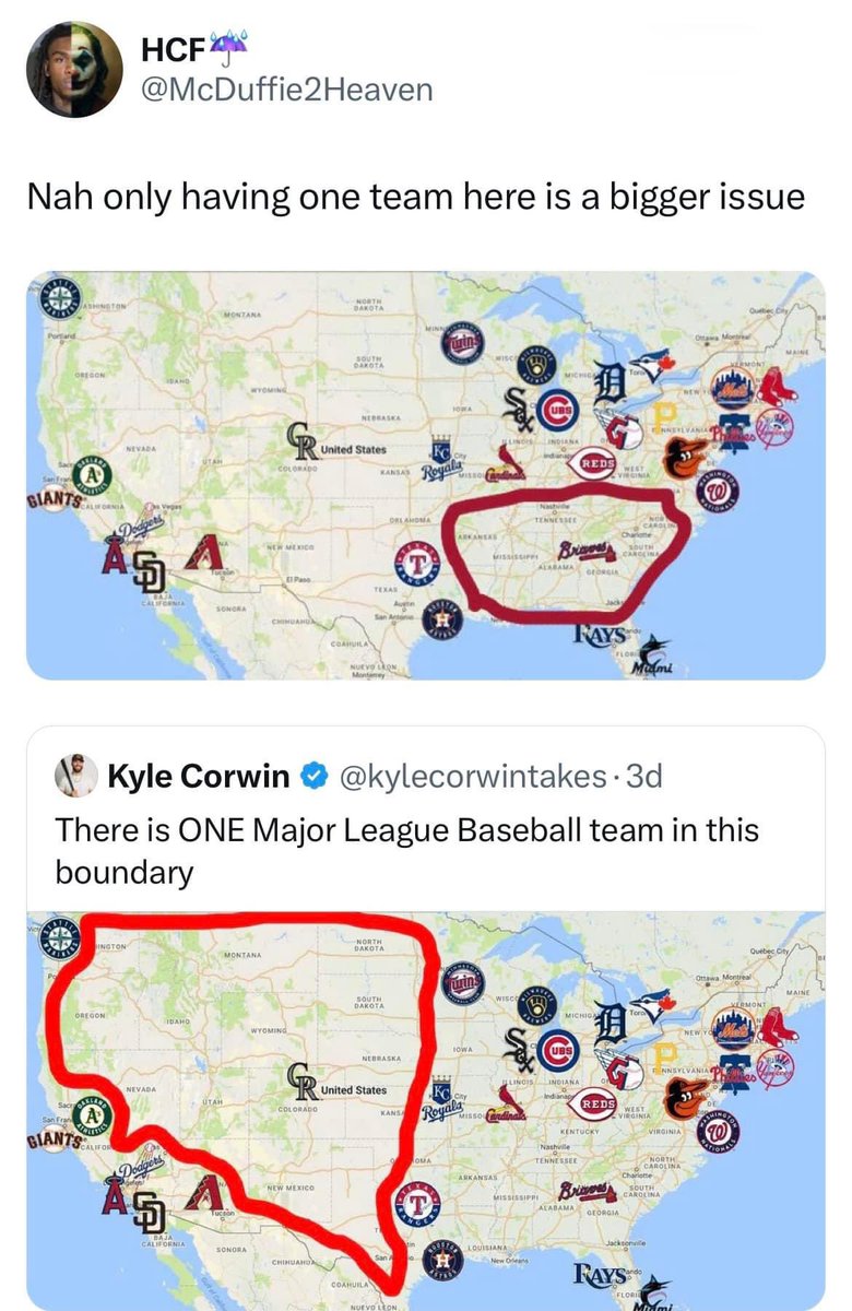 MLBRaleigh's tweet photo. We’ve been tagged in the below meme a hundred times. While we think a majority of folks understand MLB isn’t looking to cover land but people…we’ve attached a second map. 

The smaller red blob has MORE people at LESS than 40% the size as the bigger red blob. 

#RaleighOnDeck https://t.co/684975wCKp