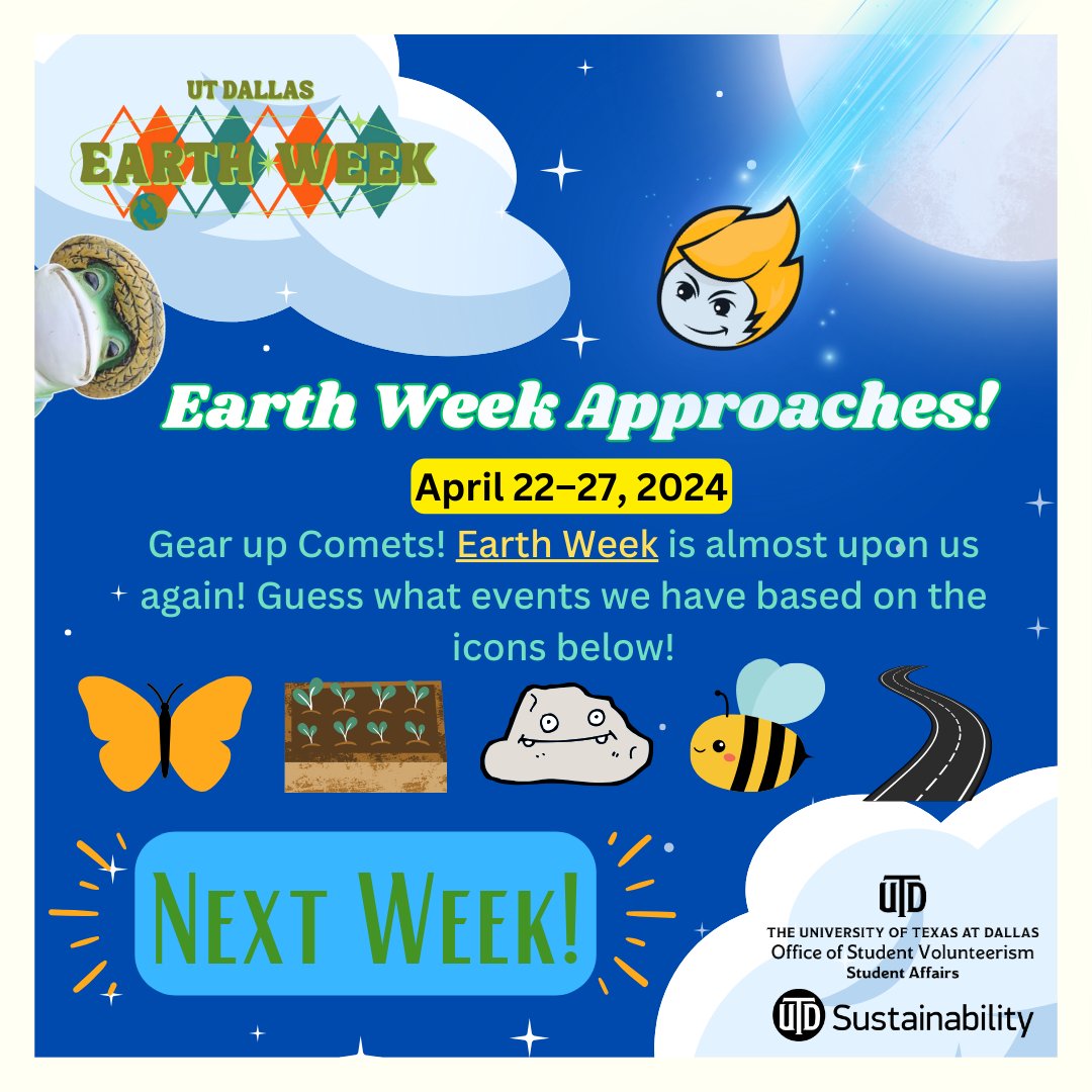 volunteer_utd's tweet photo. This is a reminder that Earth Week Approaches next week!
๐ฎ๐ฎ๐ฎ
We hope to see you at one of the events! More info in the link here and in the bio! ๐
https://t.co/x9MelIT1Jr
#utdearthweek #earthweek2024 #utd #cometsCare https://t.co/l5OMKVdRLH