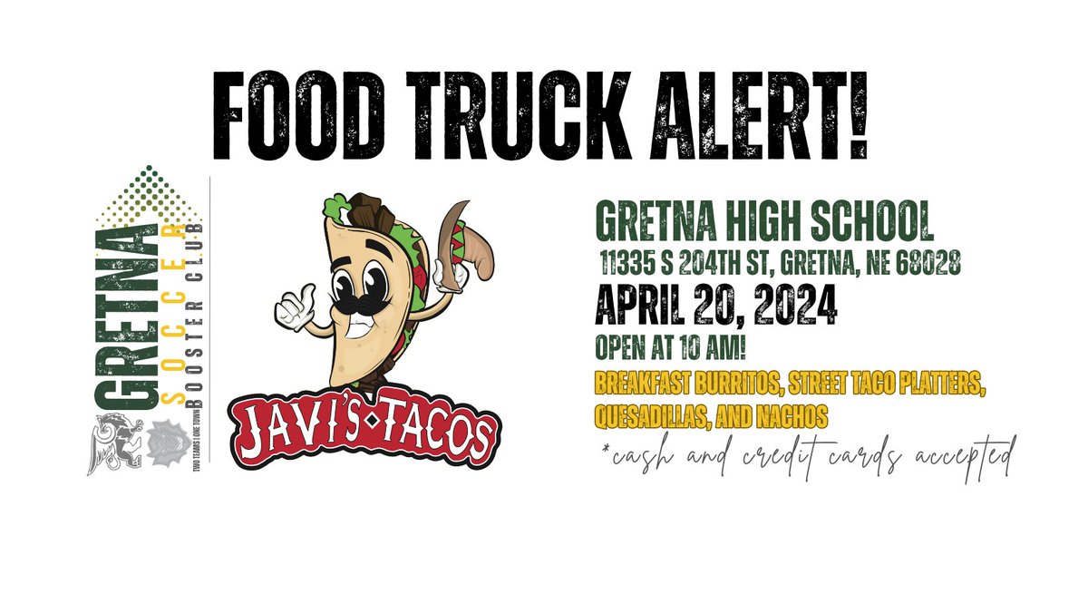 Javi's will be at Gretna High School on 04/20 at 10 am serving breakfast burritos and their regular menu. Come enjoy some great food and support this fundraiser! #skipthedishes We'd love it if our friends <a href="/GE_GirlsSoccer/">Gretna East Girls Soccer</a>, <a href="/GEHSboyssoccer/">Gretna East Boys Soccer</a>, and <a href="/GEHSGriffins/">Gretna East AD</a>  came to say hello too!