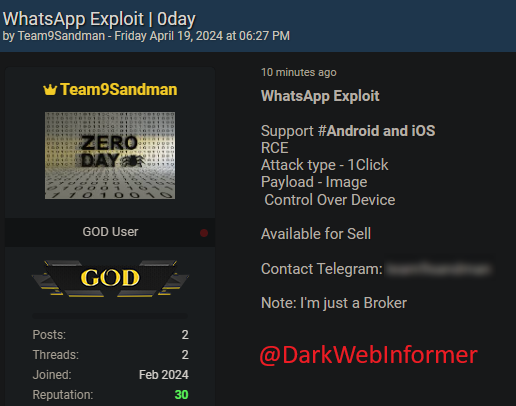 🚨URGENT🚨A Zero-day exploit for WhatsApp is up for sale. #DarkWebInformer #DarkWeb #Cybersecurity #Cyberattack #Cybercrime #Infosec #CTI #0Day #ZeroDay #WhatsApp #Exploit Details: - Supports #Android and iOS - RCE - Attack type - 1Click - Payload - Image   - Control Over