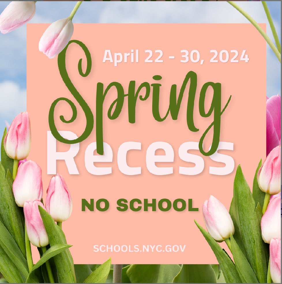 Schools will be closed from Monday, April 22nd, 2024, until Tuesday, April 30th, 2024. Classes resume on Wednesday, May 1st, 2024. Enjoy the break @TheRichmondPrek @EdeleWilliams @CSD31SI @CChavezD31 @DrMarionWilson @DOEChancellor