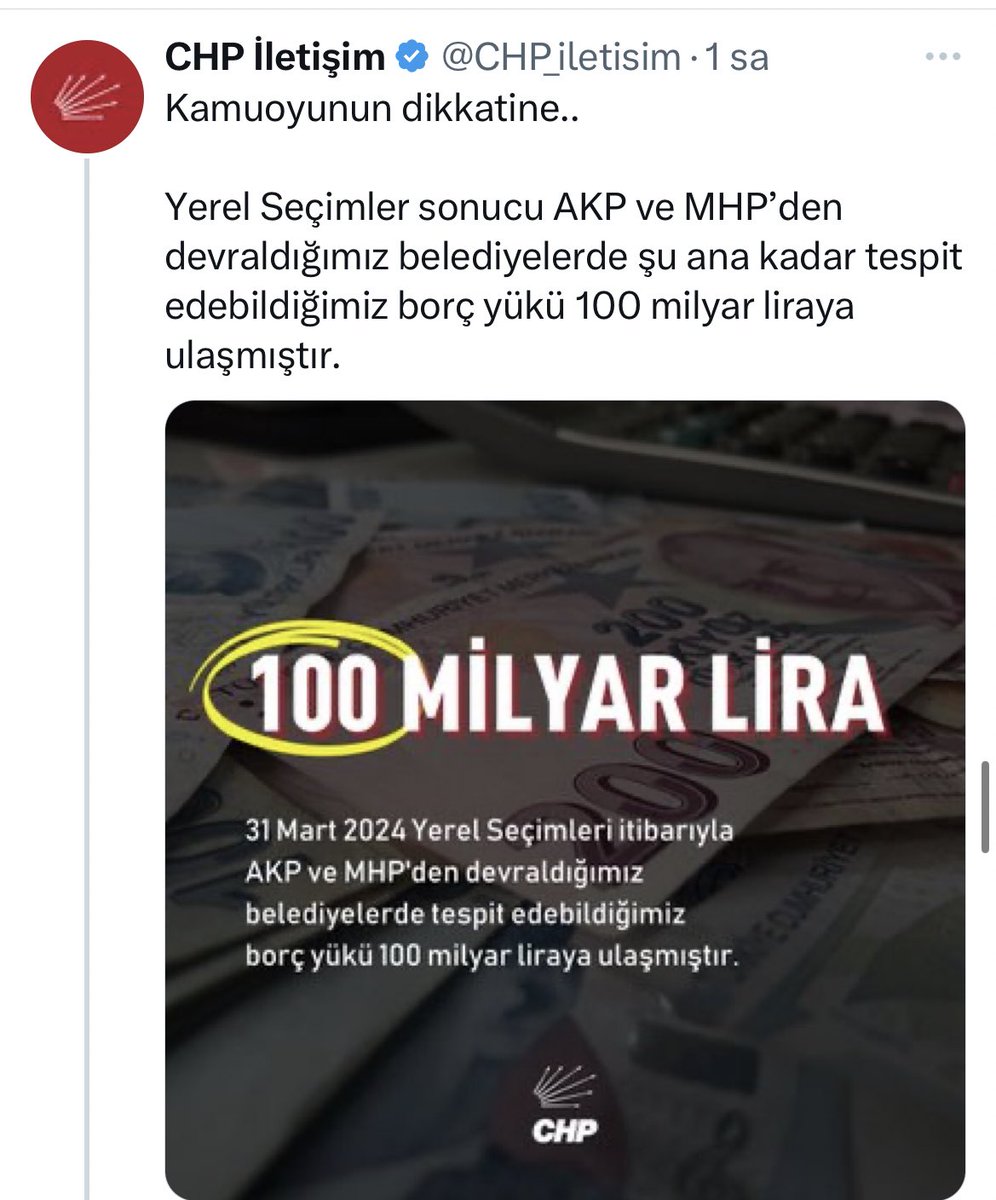 @herkesicinCHP organize yalan ve algı çalışması yapıyor❗️ ▪️#CHP : AK parti ve MHP’den devralınan belediyelerin toplam borcu 100 milyar TL. Oysa ki,⤵️ ▪️26 milyar TL borç ile İBB’yi @Akparti'den devralan İmamoğlu, hiç bir hizmet yapmadan 5 yılda borcu 193 milyar TL’ye çıkardı.